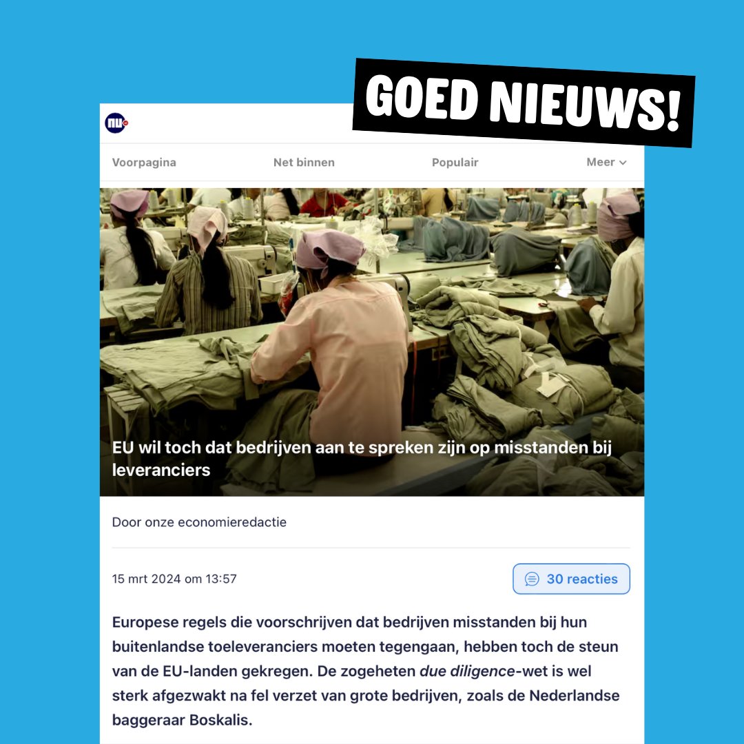 Geweldig nieuws! 🙌 Deze Europese wet verplicht bedrijven om een klimaatplan te maken en uit te voeren in lijn met het klimaatakkoord van Parijs.  Deze wet is van groot belang voor mensenrechten en  klimaatrechtvaardigheid.

Meer over de #CSDDD 👉 bit.ly/CSDDD-nieuws