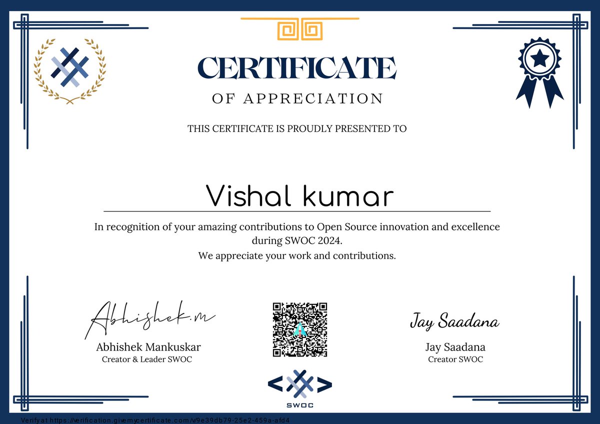 Vishalkr111's tweet image. Just got a certificate for contributing in open source project under #swoc. It was a amazing experience contributing in open source, got to learn lot of things.
#opensouce #socialwinterofcode