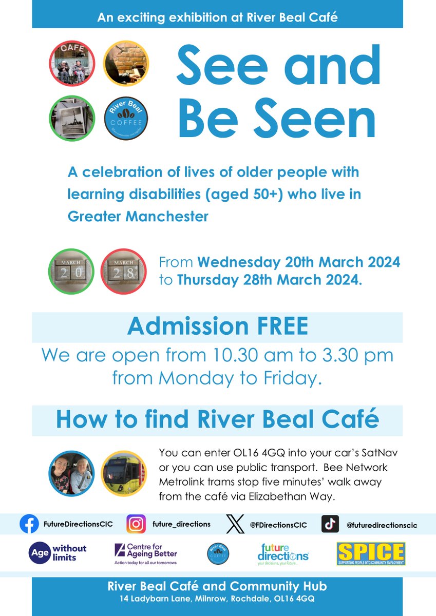 Starting today at @CafeBeal:
SEE AND BE SEEN
20th - 28th March 2024
10.30 am - 3.30 pm

Part of the @Ageing_Better's campaign of #agewithoutlimits, is a celebration of lives of older people with learning disabilities aged 50+ who live in @greatermcr.

#BeCreative #BeAdaptable