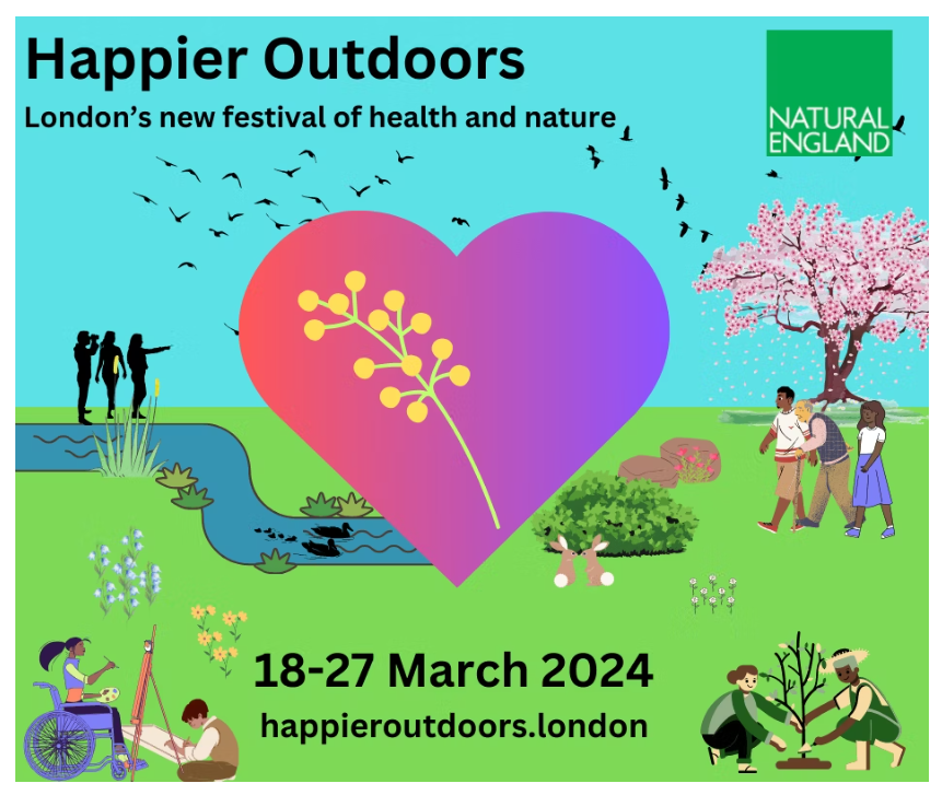 London's 1st ever #HappierOutdoorsFestival is 18-27 March! 💚🌻Engaging with nature improves physical & mental wellbeing - just 2 hrs/week in green spaces helps people feel happier & more relaxed, can reduce depression, anxiety & stress! 🌳🍄Find out more: happieroutdoors.london