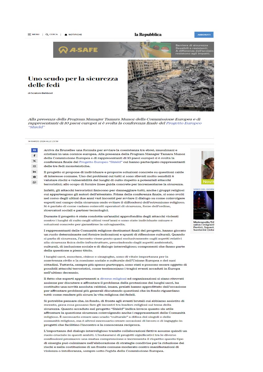 ShieldProjectEu (@eushield) on Twitter photo #ShieldProjectEu on the Italian newspaper 'la Repubblica' entitled: "A Shield For the Faiths Security" #interfaith #places of #worship #security #safeguard #terrorism #Europe <a href="/EUHomeAffairs/">EU Home Affairs</a> #ShieldProjectEu on the Italian newspaper 'la Repubblica' entitled: "A Shield For the Faiths Security" #interfaith #places of #worship #security #safeguard #terrorism #Europe <a href="/EUHomeAffairs/">EU Home Affairs</a>