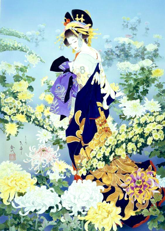 Chrysanthemum blooms 
Printed on her silk kimono 
Japanese beauty 

#WalesHaikuJournal #haikuchallenge #haiku #chrysanthemum 
Picture source Jaded in Japan