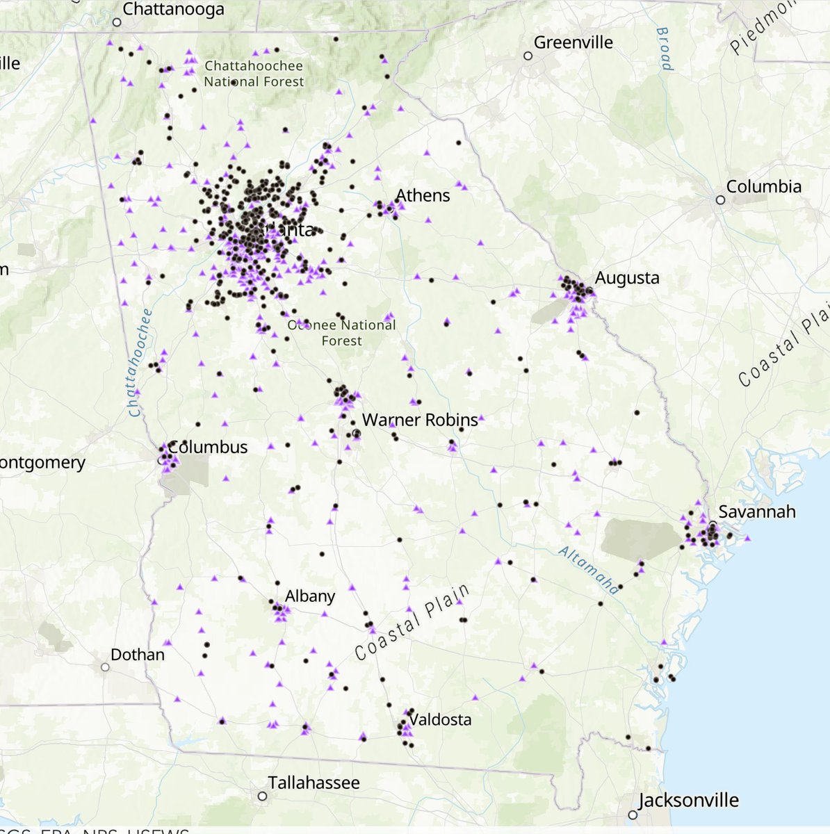 Here's a map overlaying every GA private school (black) with every bottom 25% performance school (purple). arcgis.com/apps/dashboard… You can also overlay the state Senate/House districts. Can't help but notice they waited until after qualifying to bring this bill back for vote.