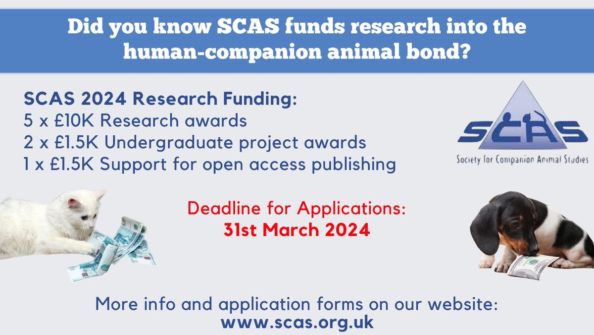 Only 2 weeks left to submit an application for SCAS Research Funding into the human-companion animal bond
DEADLINE 31 March 2024
scas.org.uk/home/scas-fund…
#companionanimals #researchfunding #HAI #anthrozoology #humananimalbond #researchgrants
