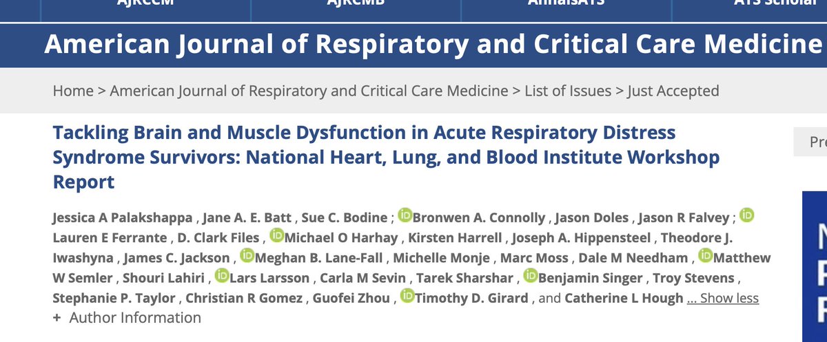 'Tackling Brain and Muscle Dysfunction in Acute Respiratory Distress Syndrome Survivors: @nih_nhlbi Workshop Report' Online early @ATSBlueEditor Report led by J. Palakshappa (@WakePCCM), @Terri_Hough @timothygirard atsjournals.org/doi/abs/10.116… @iwashyna @StephptaylorCLT
