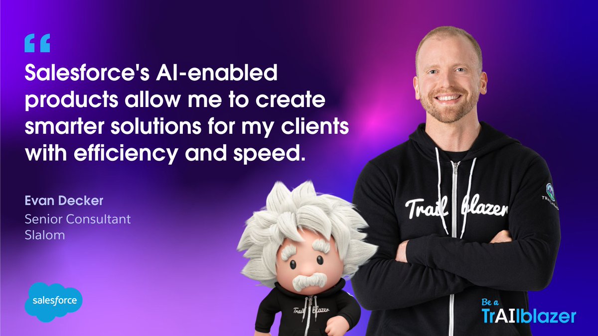 Be like @EvanDecker and unlock the unlimited potential of AI with Trailhead! ✨

Dive into brand new content where you can learn about AI and its real-world applications. 🤿

Start now ➡️: sforce.co/3TkuIo8

#BeATrailblazer