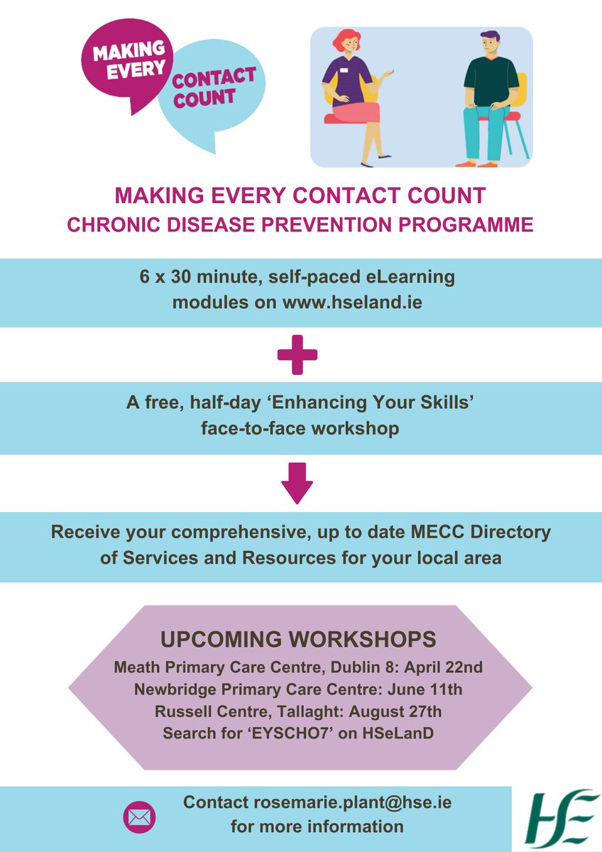 Learn how to help patients & clients make small changes to improve their health. Complete the #MakingEveryContactCount eLearning modules on HSeLanD, then register for an ‘Enhancing Your Skills’ workshop in your area. 

To enrol, search for ‘EYSCHO7’ on HSeLanD. #MECC #CPD