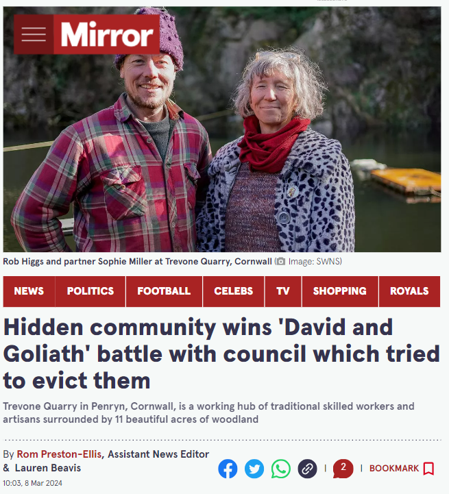 Amazing to see my #TrevoneQuarry community article in the @DailyMirror @TheSun and @MailOnline A story about real #environmental solutions, perseverance & #community. 'A climate-conscious community-led way of living with nature and art at the forefront'👇 mirror.co.uk/news/uk-news/h…