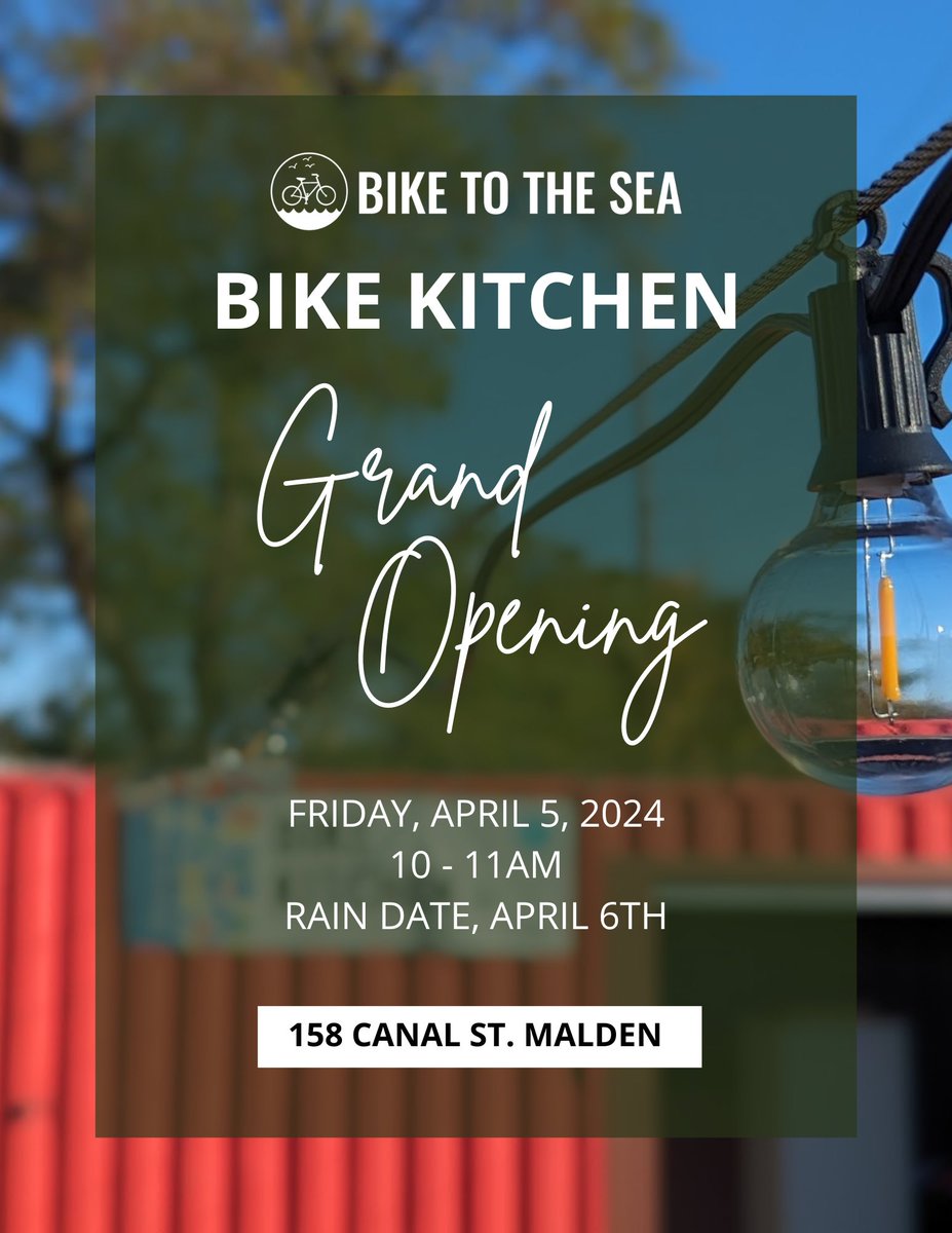 You're Invited to our Bike Kitchen Grand Opening Event on 4/5 at 10am! - mailchi.mp/9162f6f4903b/b… First Open Shop Hours will be Sat, 4/6 from 10am - 1pm. See you there! #biketothesea #biketotheseamembers #bikekitchen #cyclingcommunity #CommunityCelebration #bicyclerepair #maldenma