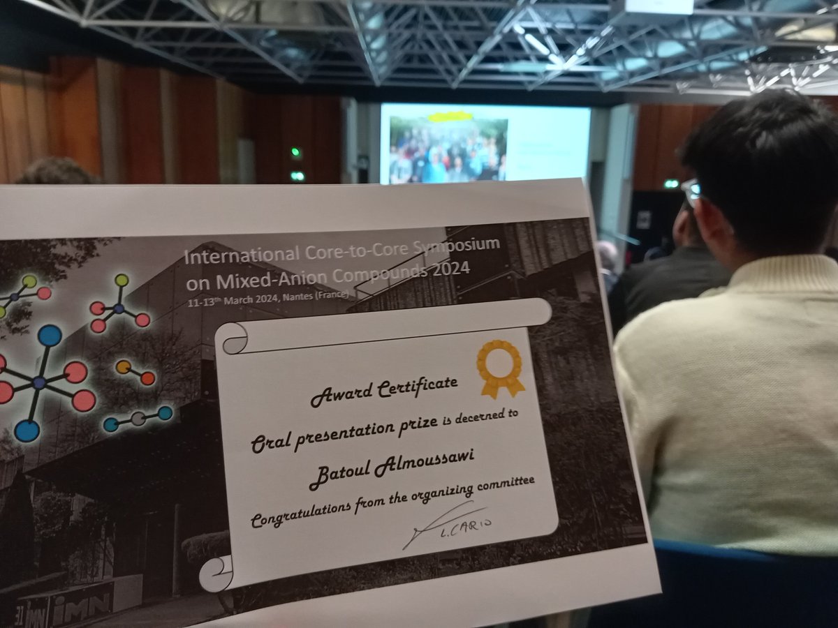 Thrilled to announce that I won the Oral Presentation Prize at the Core to Core International Symposium on mixed anion compounds!  Huge thanks to the organizers for this recognition. It was fantastic to connect with others in the field.