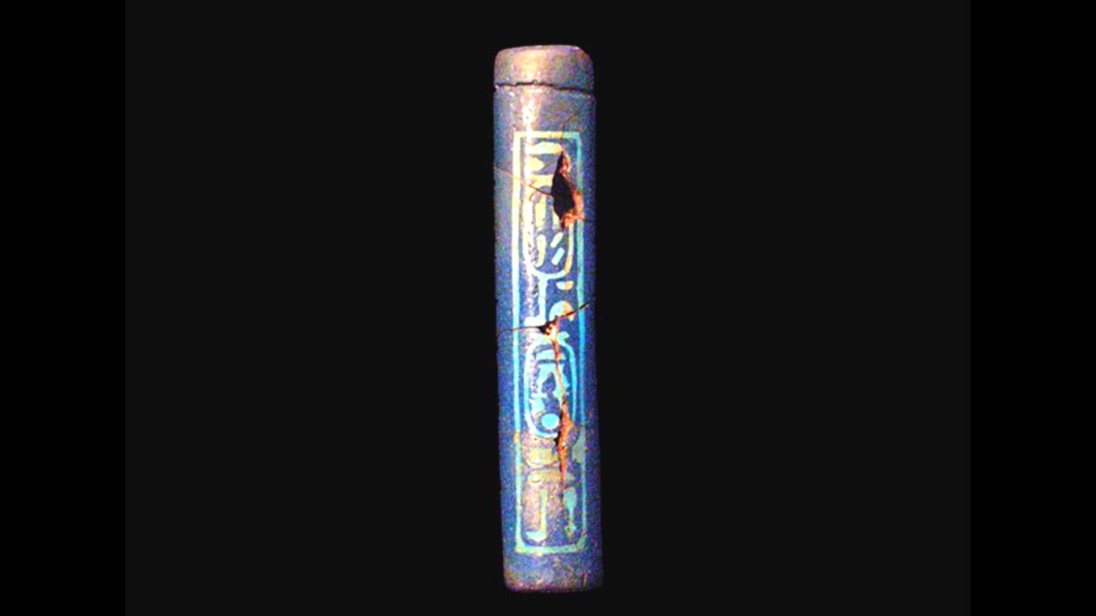 This Kohl tube is incribed with the names of Amenhotep III and Queen Tiyi. This tube is both storage vessel and amulet as it bears the names of the Pharaoh and the Queen in hopes that the divine protection granted the royal family would apply to those who used its contents.