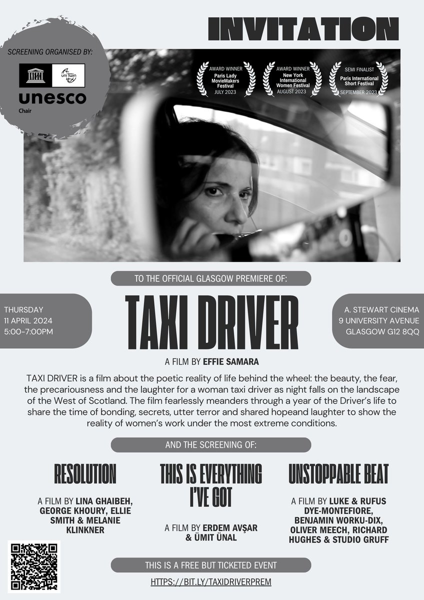 📢Save the date! On 11 April at 5pm GMT we are proud to host the premiere of: Effie Samara's film TAXI DRIVER + 3 shorts Free tickets: bit.ly/TAXIDRIVERprem @UofGSocSci @UofGEducation @UNESCOUK Bring your friends and spread the word! All invited!