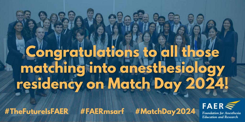 Happy #MatchDay2024!!!

FAER is overjoyed to celebrate with the extraordinary minds matching into #anesthesiology in 2024. Congratulations to all 🥳– particularly our past Medical Student Anesthesia Research Fellows (MSARF)! 😃

#FAERmsarf #MatchDay #Match2024 #Match24
