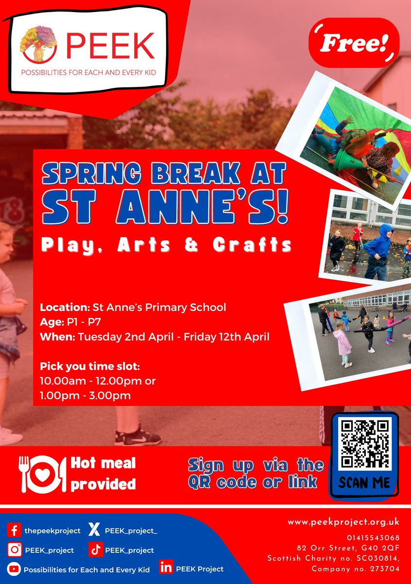 Sign up for PEEK’s Spring Break project at @StAnnesPrimary. It’s 2 weeks filled with fun, games, arts and crafts! 🤗 Register now and a member of our team will be in contact to confirm your space. forms.office.com/e/6vnM7bWLPL