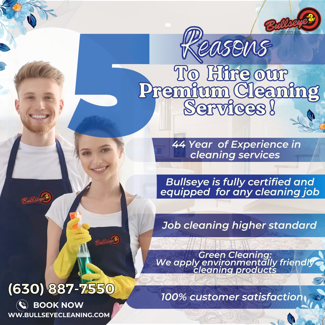 BullseyeSe's tweet photo. There are more than 5 reasons to hire our premium cleaning services!
Bullseye Cleaning Services provide a commercial or residential package that fits into any cleaning need in the Chicago Metropolitan Area.
give us a call at (630) 887–7550.
#housecleaningservice #officecleaning https://t.co/WiSPrubC4k