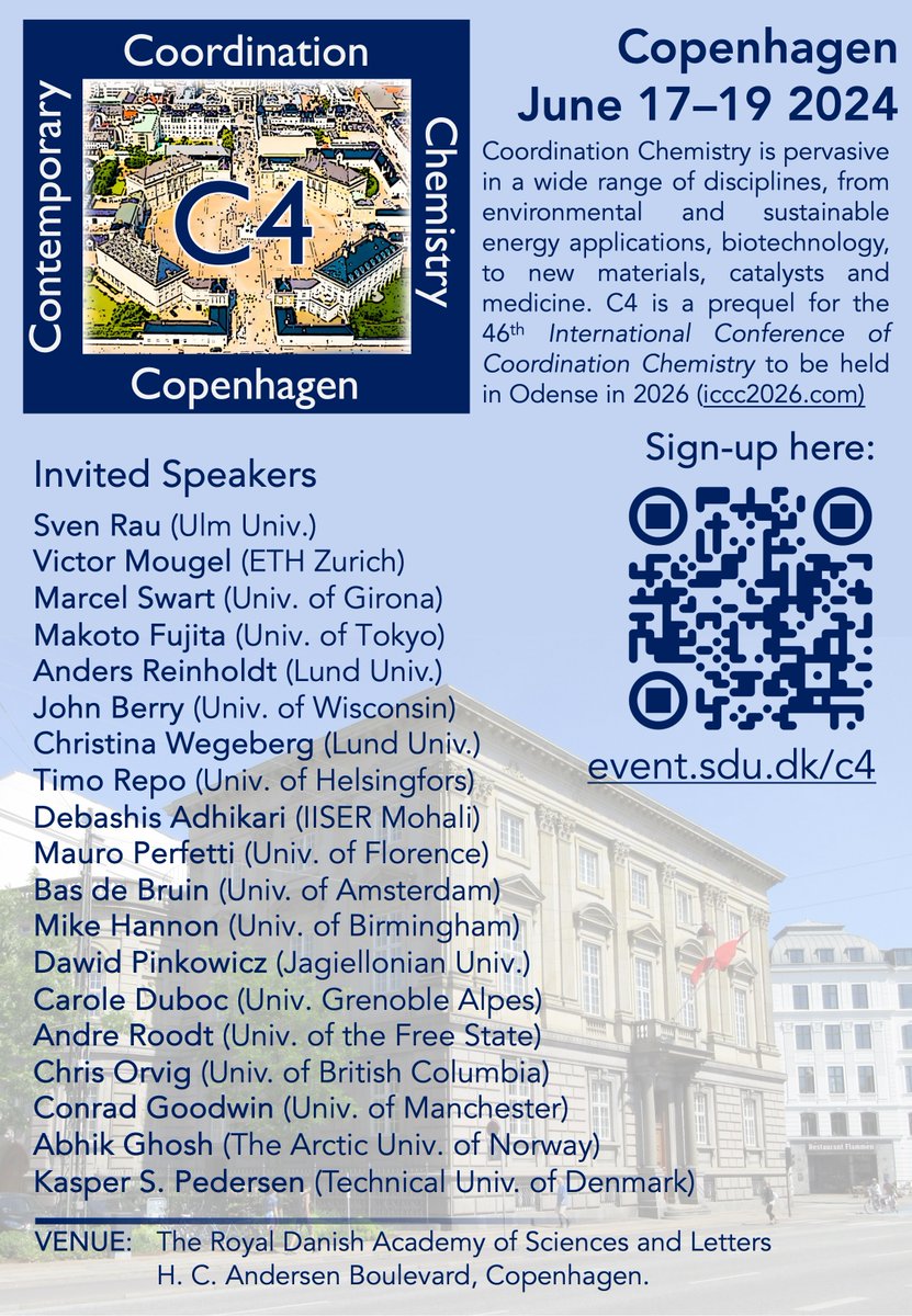 👋Join us for the Contemporary Coordination Chemistry Copenhagen conference in June! 🇩🇰 
See more and sign up here: event.sdu.dk/c4

#CPHCoordChem2024 🧪