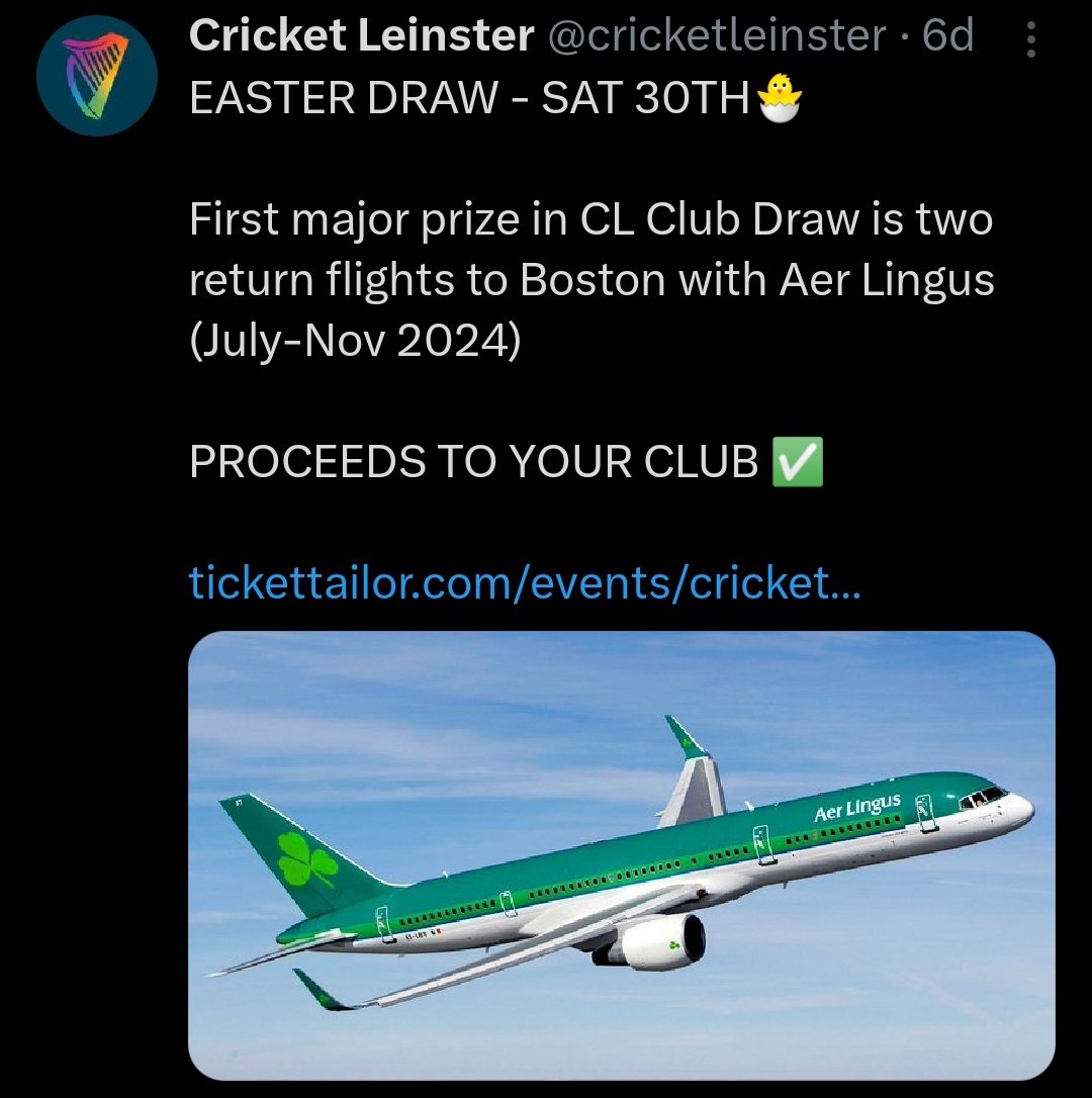 The @cricketleinster Club Draw is back!! Although the final draw isn't until the end of the year.... An Easter draw is taking place for early bird ticket sales!! Remember, all sales go directly back to the club! Link below 👇👇 tickettailor.com/events/cricket…