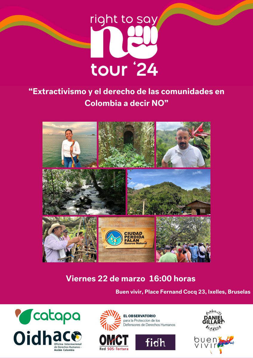 🗓️El próximo viernes 22 de marzo a las 16:00 hrs, te invitamos a conocer la situación de la comunidad de #Falan en Colombia, y su trabajo de defensa frente a los proyectos mineros que amenazan sus territorios. #RighttoSayNO 📍Place Fernand Cocq 23, 1050 Ixelles, Bruselas.