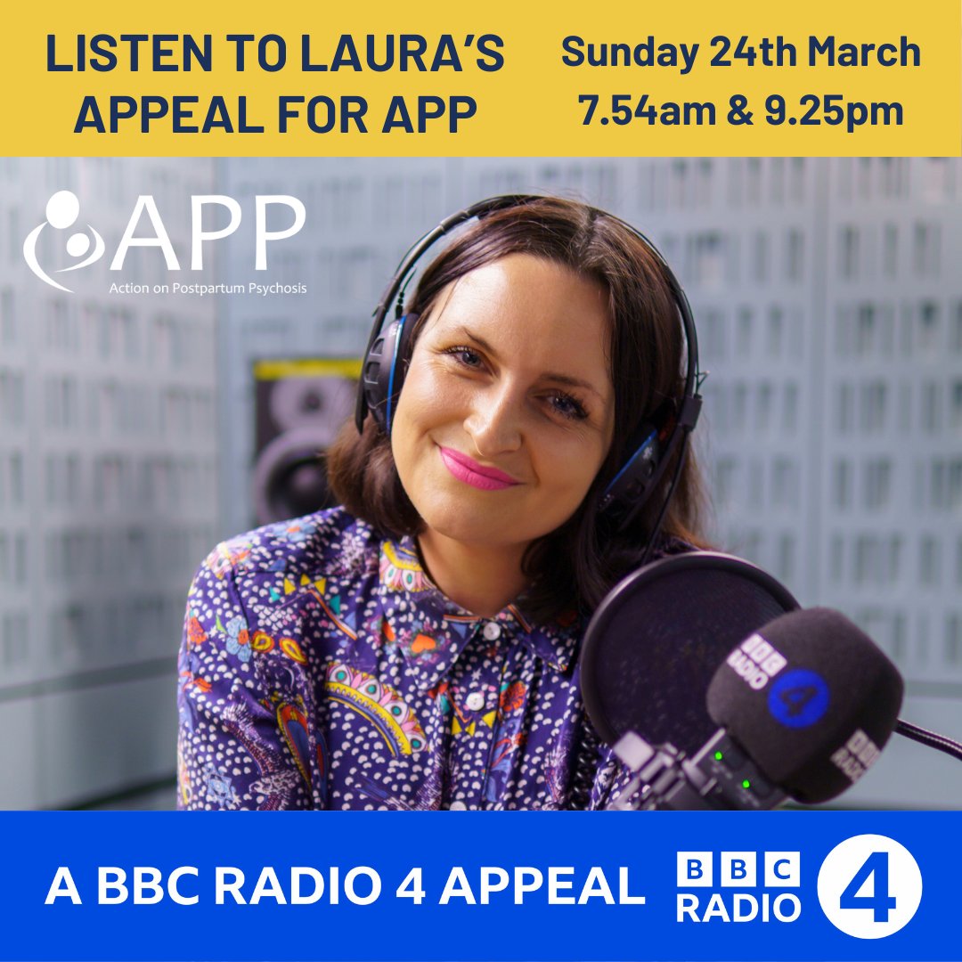 Action on Postpartum Psychosis (@actiononpp) on Twitter photo We’re excited to announce we're part of a <a href="/BBCRadio4/">BBC Radio 4</a> appeal!🎙️🎉
Listen on Sun 24th 7:54am & 9:25pm, Thu 28th 3:27pm and any time after 24th on <a href="/BBCSounds/">BBC Sounds</a>. Hear <a href="/LauraDockrill/">Laura Dockrill</a> talk about how postpartum psychosis affected her & how you can support us 💜
app-network.org/news/fundraisi… We’re excited to announce we're part of a <a href="/BBCRadio4/">BBC Radio 4</a> appeal!🎙️🎉
Listen on Sun 24th 7:54am & 9:25pm, Thu 28th 3:27pm and any time after 24th on <a href="/BBCSounds/">BBC Sounds</a>. Hear <a href="/LauraDockrill/">Laura Dockrill</a> talk about how postpartum psychosis affected her & how you can support us 💜
app-network.org/news/fundraisi…
