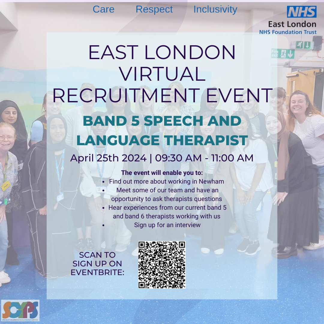 Come along to our virtual recruitment event on Thursday 25th of April 2024, 9:30 - 11:30am to find out more information about working as an SLT in East London NHS Foundation Trust!😊 We have multiple B5 SLT vacancies available to join our fantastic team! #nhscareers #slt #nhs