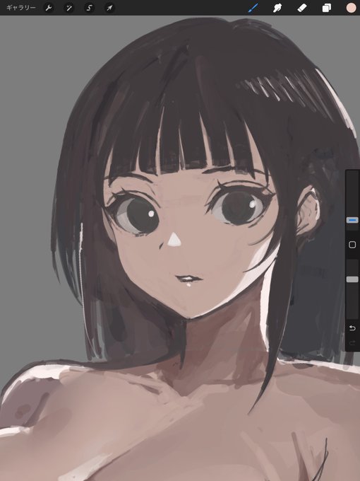 太いブラシでベタベタ描くの楽しい😀 