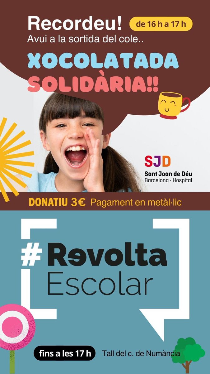 Recordeu que avui de 16h a 17h ens trobem al c. de Numància per #RevoltaEscolar i la #XocolatadaSolidària