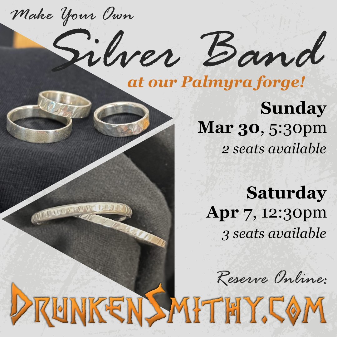 Two spots are now available in our previously sold out Silver Band workshop scheduled for March 30. In our Silver Band workshop, each participant will learn to make their own solid sterling silver ring in the size of their choosing.

Book your reservation: drunkensmithy.com/event-calendar/