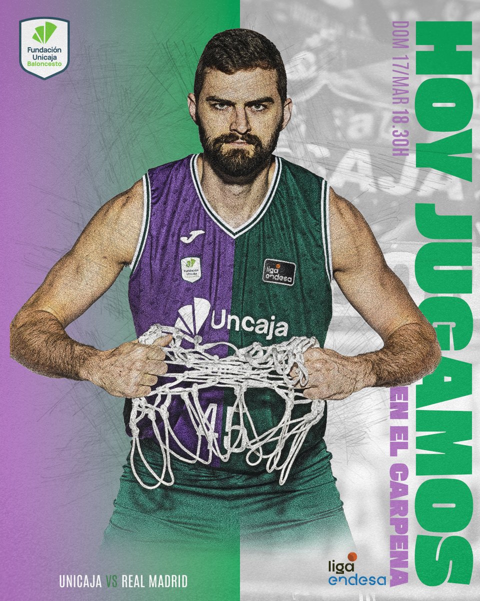 UnicajaCB (@unicajacb) on Twitter photo 🏀 ¡HOY JUGAMOS!
🆚 <a href="/RMBaloncesto/">Real Madrid Basket</a>
🏆 J. 25 <a href="/ACBCOM/">Liga Endesa</a>
⌚️ 18:30 h
📍 Carpena
🥳 #FanZone <a href="/FundUnicaja/">Fundación Unicaja</a>
📺 <a href="/MovistarPlus/">Movistar Plus+</a> (diales 7 - 63)
📻 #UnicajaBaloncestoRadio
💚💜 #YoSoyDelUnicaja #LigaEndesa 🏀 ¡HOY JUGAMOS!
🆚 <a href="/RMBaloncesto/">Real Madrid Basket</a>
🏆 J. 25 <a href="/ACBCOM/">Liga Endesa</a>
⌚️ 18:30 h
📍 Carpena
🥳 #FanZone <a href="/FundUnicaja/">Fundación Unicaja</a>
📺 <a href="/MovistarPlus/">Movistar Plus+</a> (diales 7 - 63)
📻 #UnicajaBaloncestoRadio
💚💜 #YoSoyDelUnicaja #LigaEndesa