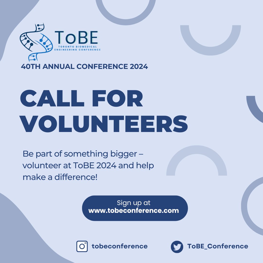 This is your opportunity to be involved in #ToBE2024! If you would like to learn more, please check out the volunteer application through the link below or on our website:

forms.gle/uS9ezvGty6TGLV…

<a href="/bme_uoft/">Biomedical Engineering @ University of Toronto</a> <a href="/UofTEngineering/">University of Toronto Engineering</a> <a href="/UofT/">University of Toronto</a> @MilosRPopovic
