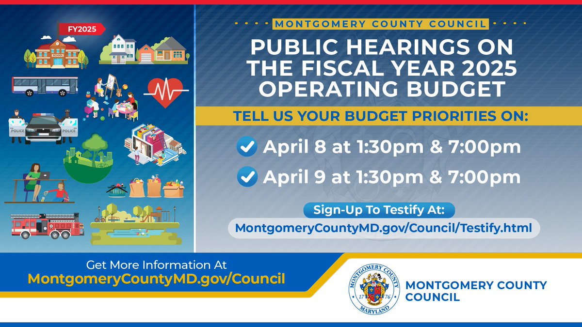 🗓️Mark your calendars! The Council’s public hearings on the operating budget are scheduled for April 8 and April 9 at 1:30 and 7 p.m. Those interested in testifying can sign up on the Council’s website at tinyurl.com/Testify2024 or by calling 240-777-7803.