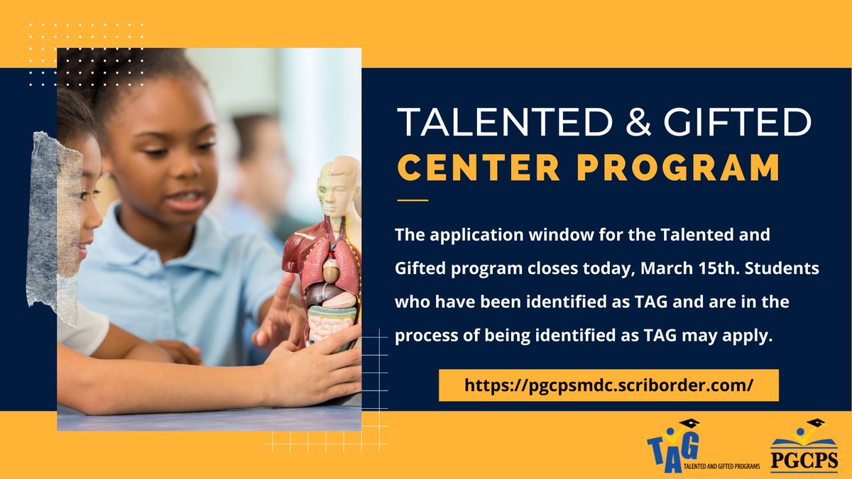 The TAG Center Lottery application window closes today, March 15th. Students must be identified through the PGCPS TAG Screening process to be eligible for placement in a TAG Center. Parents/Guardians may apply during the screening process. <a href="/PGCPSTAG/">PGCPS TAG OFFICE</a> <a href="/pgcps/">PGCPS</a>