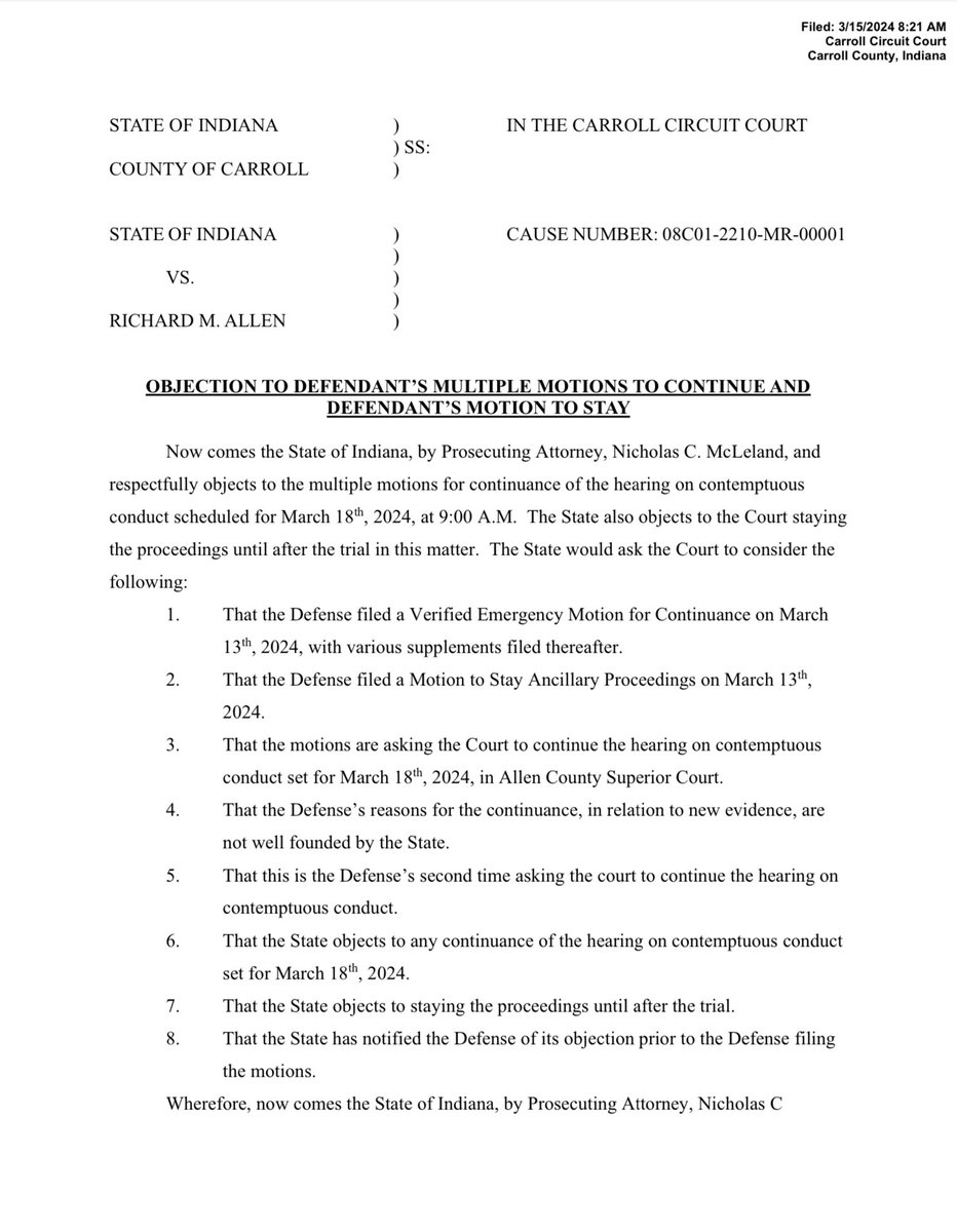 SleuthieGoosie's tweet photo. Nick McLeland objects to a continuance of the contempt proceedings or stay of proceedings until after the trial.
Why? Well …. Just because 🤷🏻♀️
#RichardAllen https://t.co/DuXjRYpYRp
