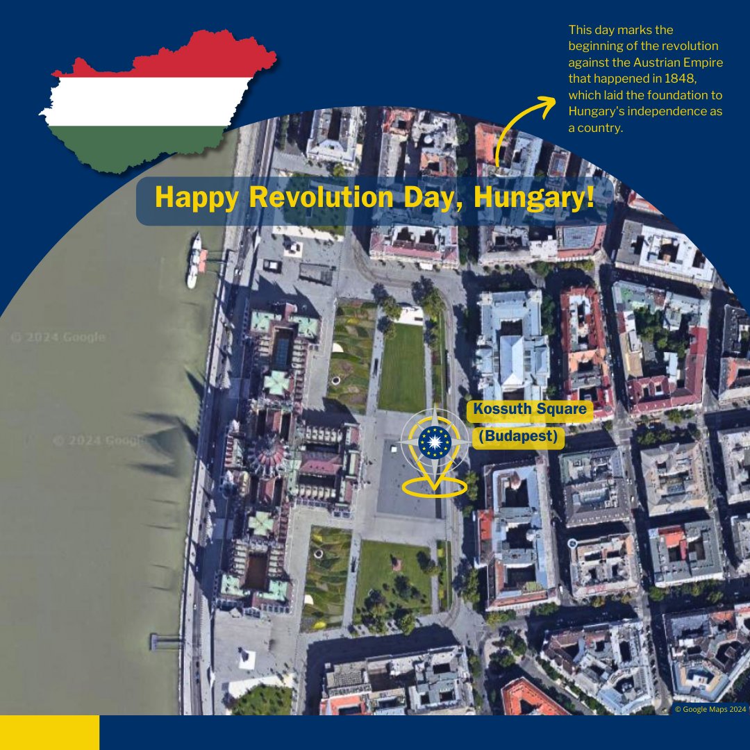 Happy Revolution Day to our friends & colleagues from #Hungary🇭🇺! 👁️📍 Satellite image of Kossuth Square in #Budapest #EUfamily #EU #europeanunion