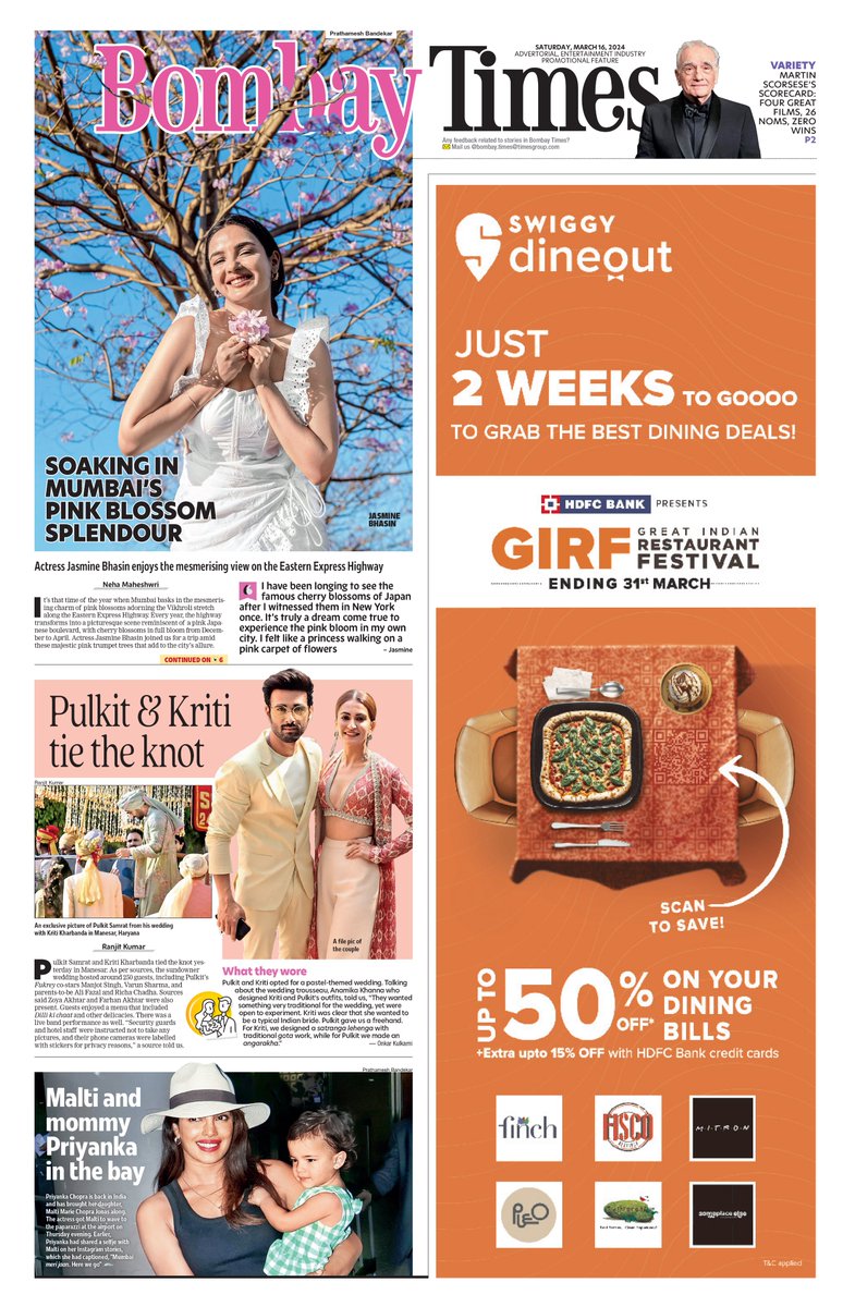 bombaytimes's tweet photo. Here's a look at #BombayTimes' front page.   
Click below to read the edition  
https://t.co/zhUN5PNtEu

@jasminbhasin #JasmineBhasin @PulkitSamrat @kriti_official #PulkitKritiWedding @priyankachopra #MaltiMarie #BombayTimes https://t.co/qSy7AG4a0i