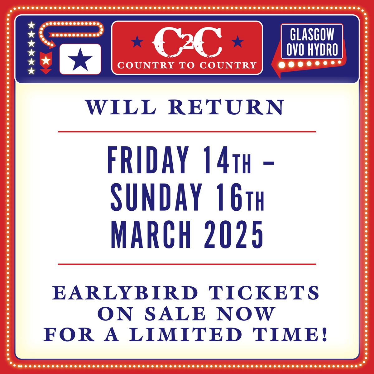 Early bird tickets for Country to Country 2025 are on sale for a limited time only!

Grab yours now and we'll see you at the <a href="/OVOHydro/">OVO Hydro</a>, Friday 14th - Sunday 16th March 🌟

TICKETS - gigss.co/c2c-2025