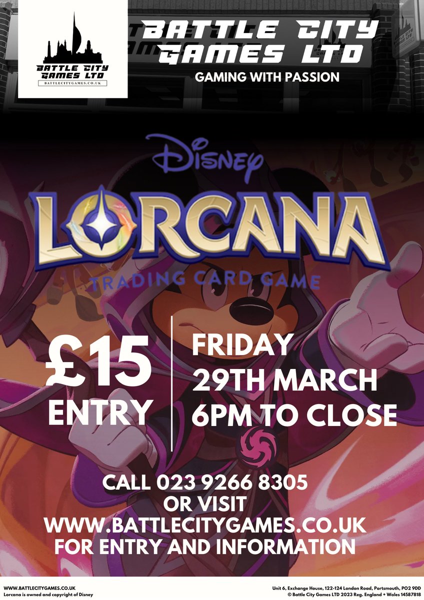❗️Calling all #lorcana fans. Only a few spaces left, book now to avoid disappointment. Lorcana Tournament, £15 Entry
6pm - Close. Prizes &amp; Gift Sets - Further Details to follow soon, but spaces filling fast! 
#lorcana #bcg #passionforgaming #disney