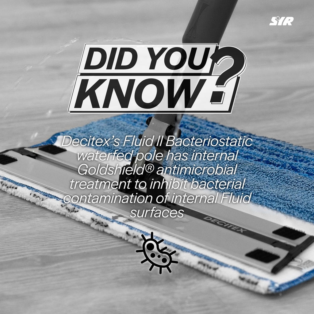 Made by Decitex, Fluid II Bucketless spray flat mopping system, made of ultra-lightweight aluminium with Goldshield® antimicrobial treatment to prevent bacterial contamination of internal surfaces. Features ergonomic hand grip and colour-coded finger release trigger.