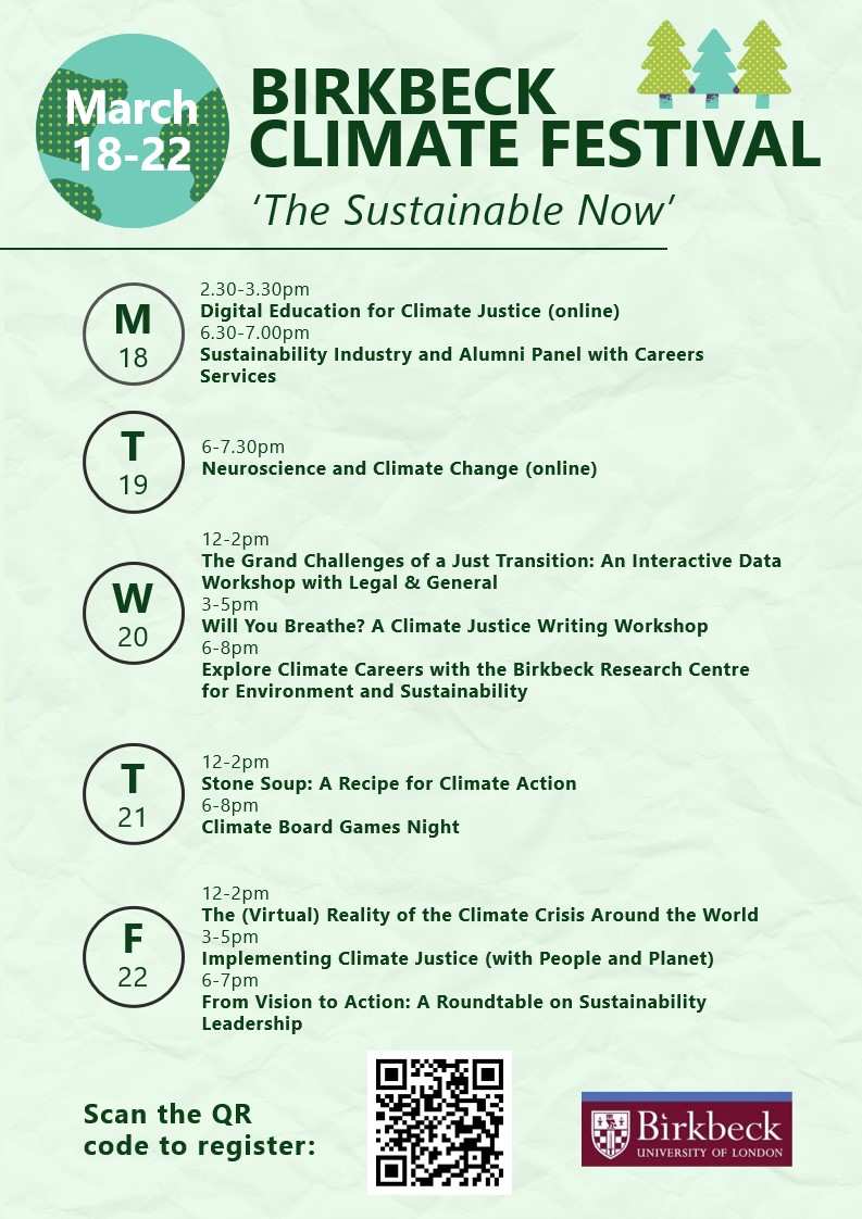 Only 3 days to go until the first #BirkbeckClimateFestival begins 🎉 Join us for a week of talks, workshops, and interactive sessions and find out how to live more sustainably: ow.ly/JXs150QQYzv