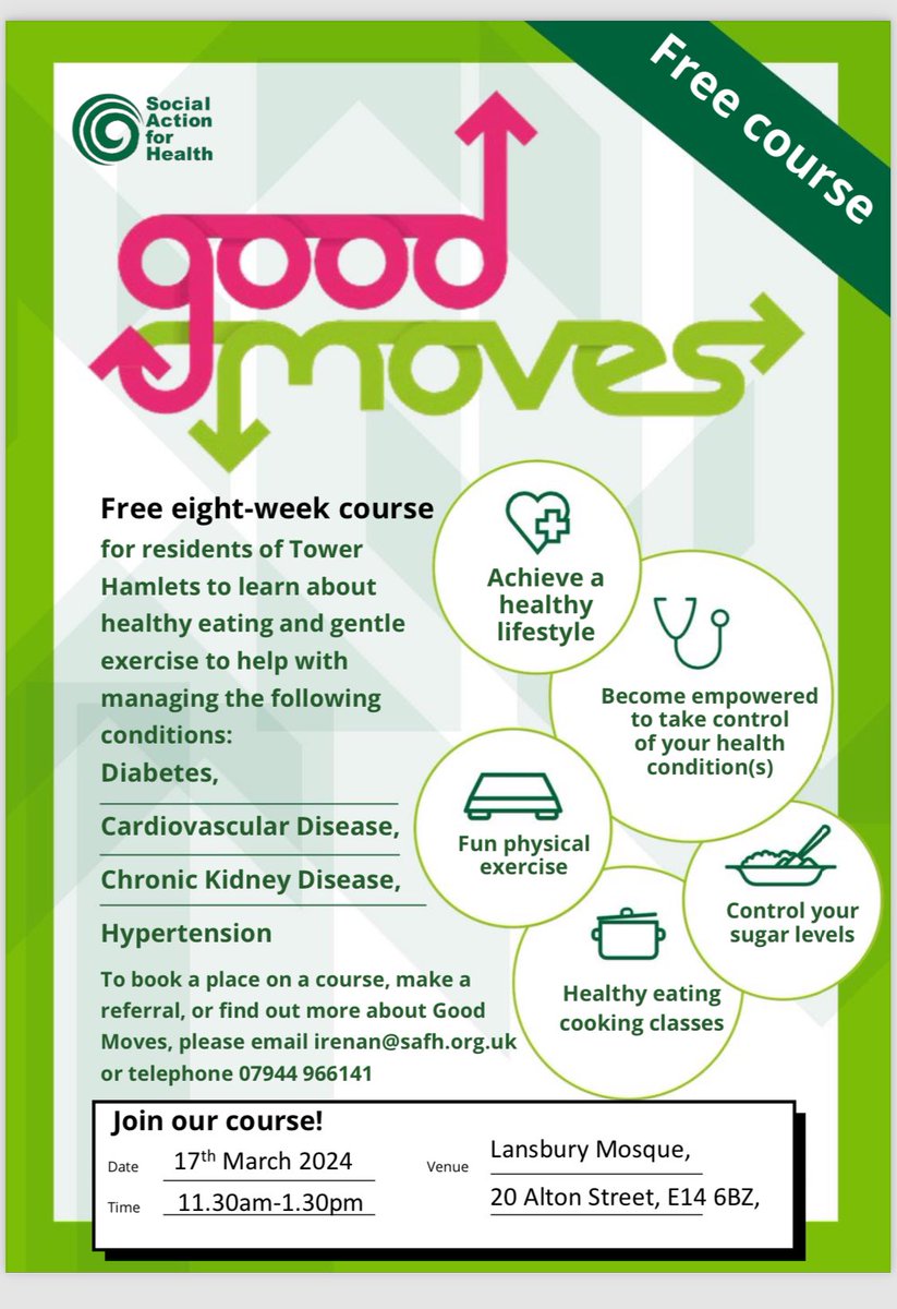 Good Moves is one of our flagship projects, supporting residents in Tower Hamlets living with CVD, CKD, diabetes or hypertension. Next course starts Sunday 17th March, Lansbury Mosque 11.30-1.30 pm. Men only. Delivered in Bengali. Couple of spaces left, just turn up to register!
