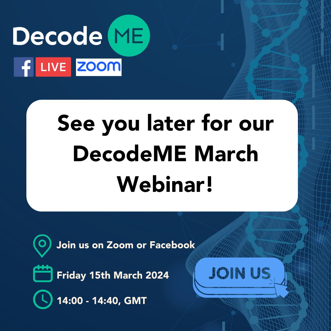 See you later for our #DecodeME March Webinar! Email contact@decodeme.org.uk with your questions for Sonya, Chris and Andy.