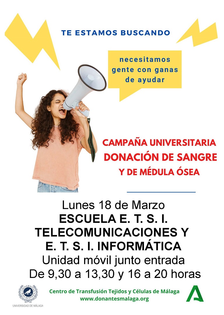 El próximo lunes 18 de marzo de 09:30-13:30 y 16:00-20:00 puedes donar sangre en la unidad móvil situada en la entrada de @etsit_uma. ¡Recuerda que tu colaboración salva vidas!