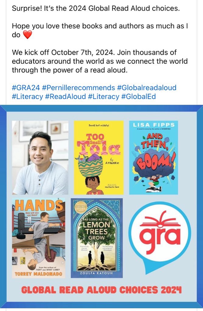Woohoo! Amazing selections for #GRA2024!!! Especially excited about the MG choices <a href="/TorreyMaldonado/">Torrey Maldonado</a> <a href="/AuthorLisaFipps/">Author Lisa Fipps</a> &amp; the picture books by <a href="/bottomshelfbks/">Minh Lê</a>!!! 🎉🎉🎉 

Thank you <a href="/pernilleripp/">Pernille Ripp</a>!!! You rock!