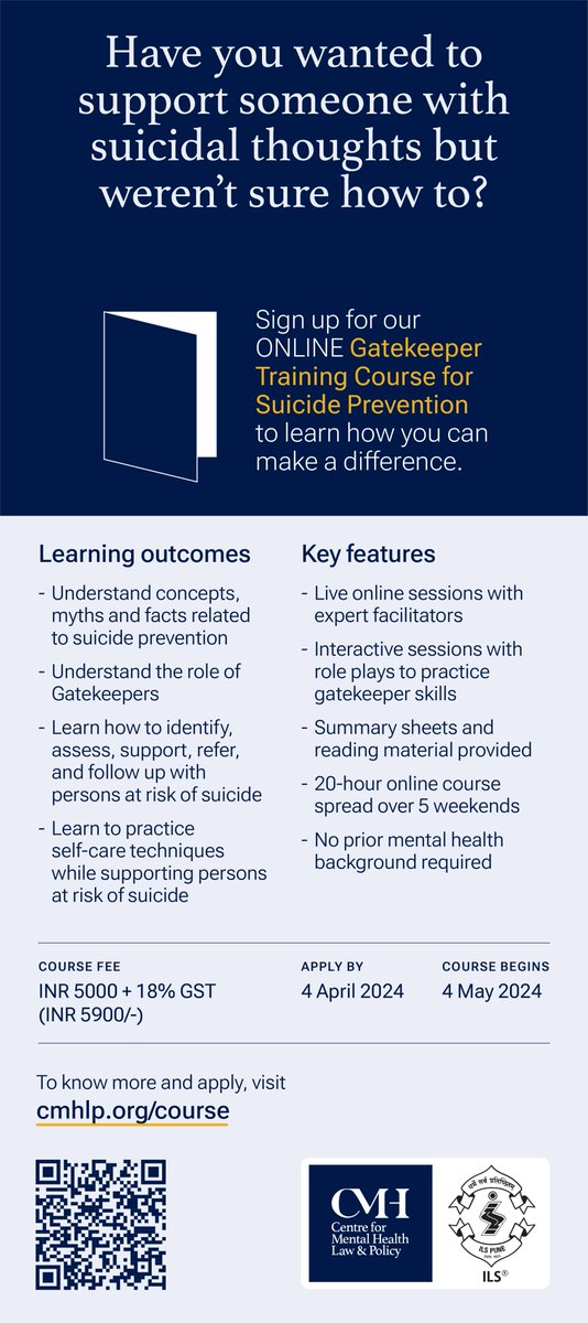 Sign up for our 'Gatekeeper Training Course for Suicide Prevention', an evidence-based approach recommended by the WHO. 🟡 No prior background in mental health required 🟡 20-hour online course spread over 5 weekends 🔗cmhlp.org/course/gatekee… #SuicidePrevention #OnlineCourse