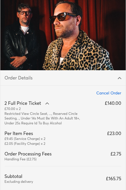 GrahamCornell's tweet photo. @O2AcademyBrix and @Ticketmaster Your venue, handling and facility fees are ridiculous! And then you add on dumb rules about not being able to leave an empt seat next to you. Rock 'n' roll should be so expensive that it's hard to justify :( https://t.co/daFMCt8pKt