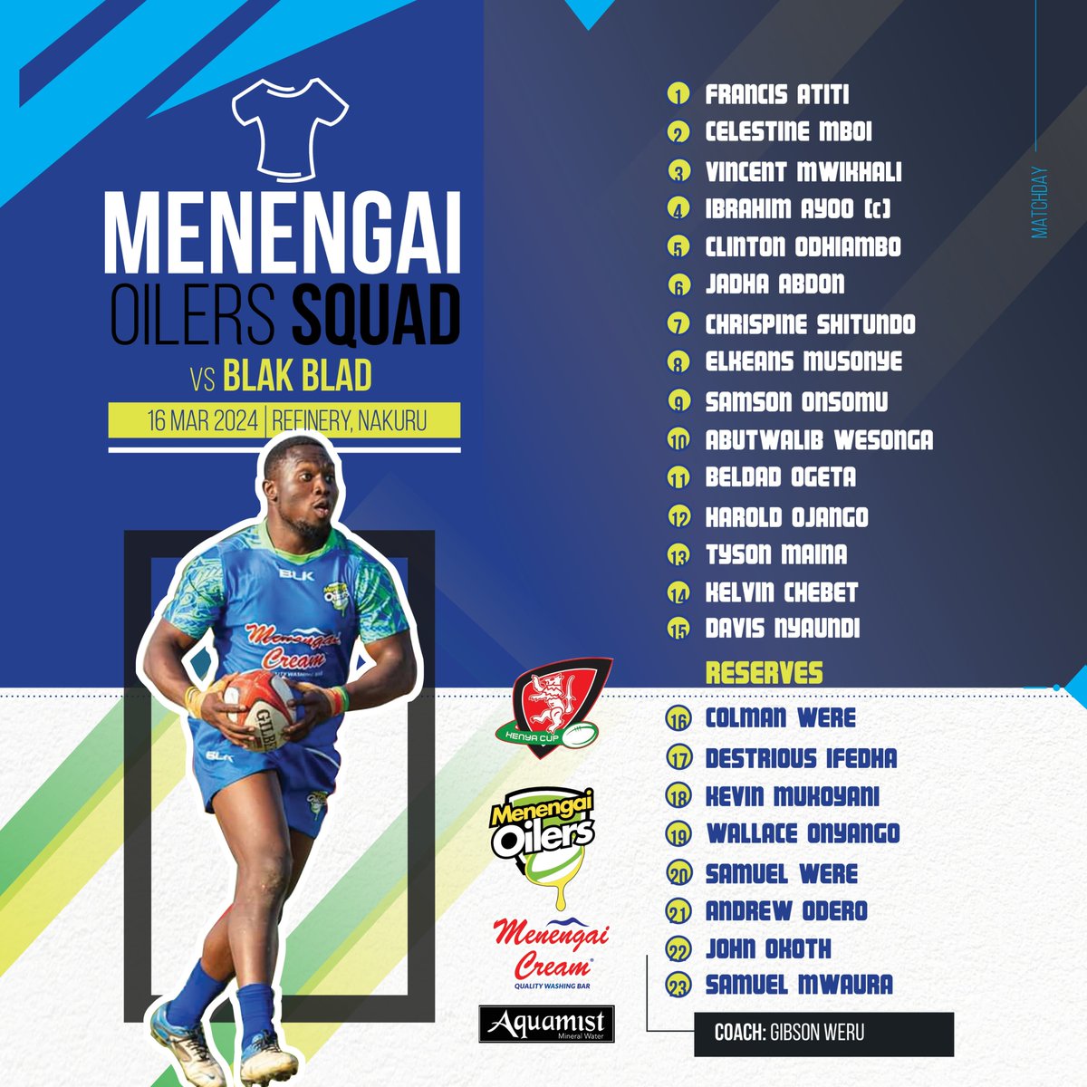 Haya Wakuu, Your Match Day Squads for the #Playoffs battle against @BlakbladRC this weekend. Tupatane Nakuru ASK Showground (Refinery) from 12 Noon Wadau #MenengaiCream #KenyasNo1BarSoap #stayhydratedwithAquamist #askforaquamist #welloiledmachine #champagnerugby