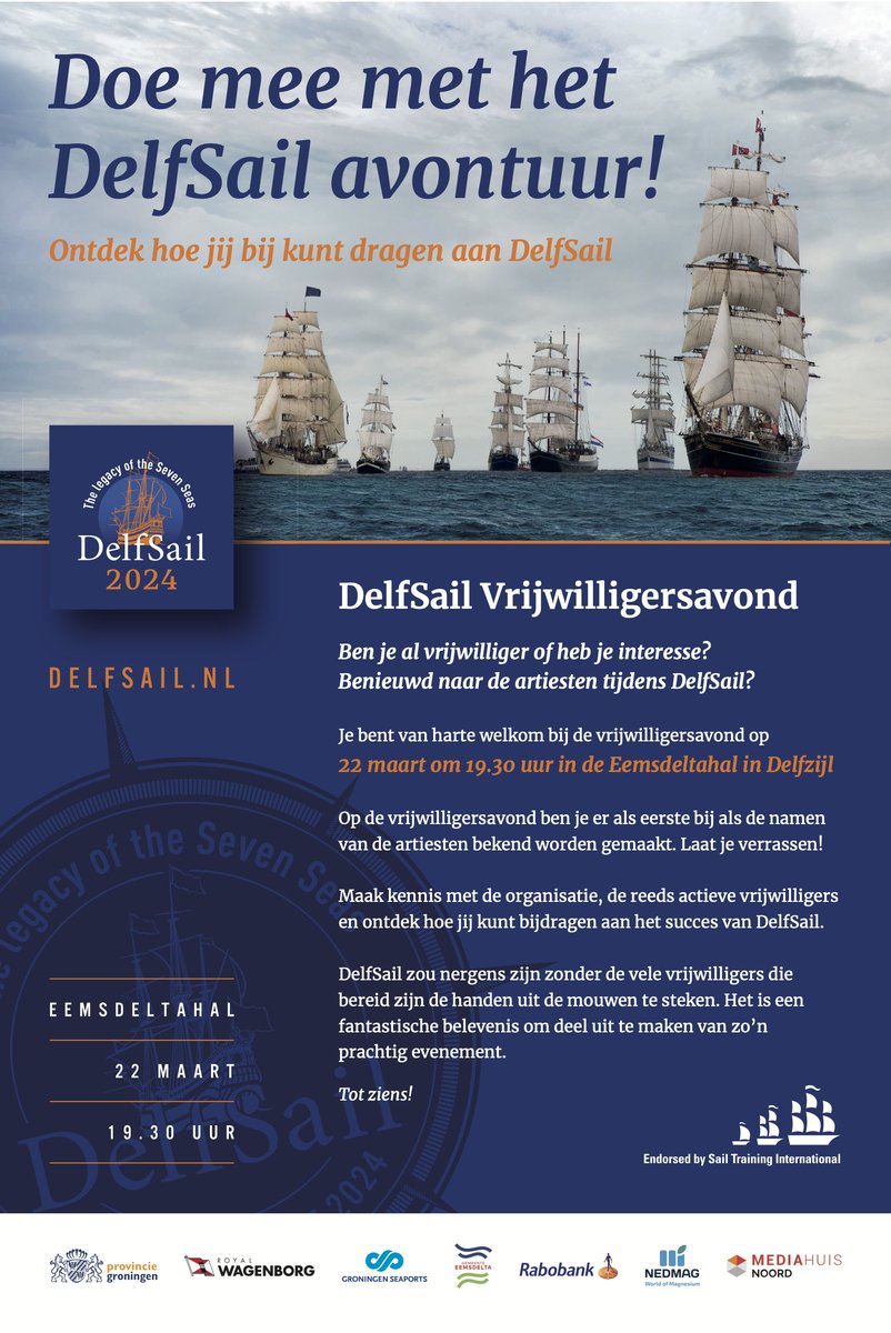 Doe mee met het DelfSail avontuur!
Kom 22 maart naar de vrijwilligersavond