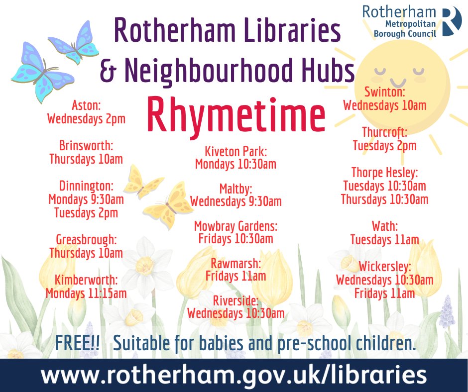 RothLibraries's tweet image. Rhymetime sessions are delivered weekly, including school holidays, at all our Libraries and Neighbourhood Hubs. Our Rhymetime sessions are suitable for babies and pre-school children. Contact your local library for more details rotherham.gov.uk/libraries