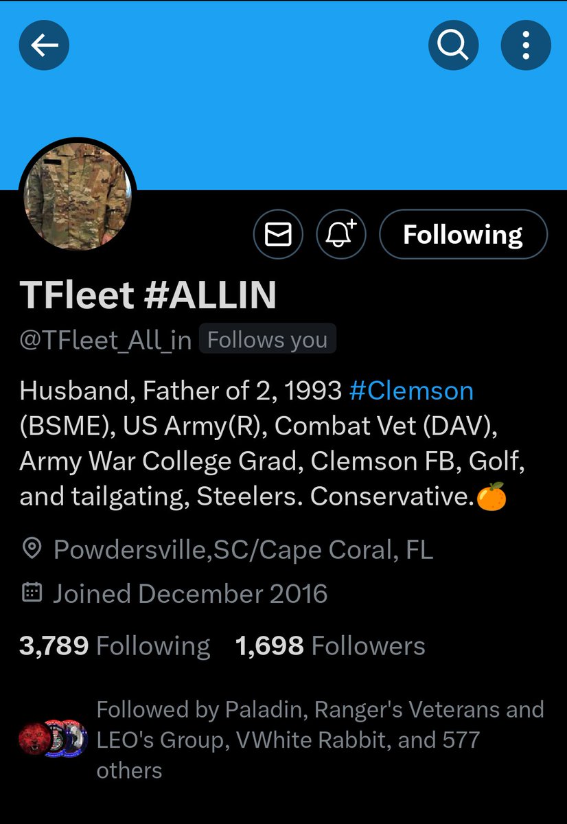 Come on 🇺🇸 America help push this Combat Veteran to 2000 followers. He's an awesome Husband and the Father of 2 children. He's into Sports and having fun tailgating at sports. TFleet#ALLIN @TFleet_All_in is a true 🇺🇸 American Hero. 🇺🇸 America let's show this Veteran how much we…