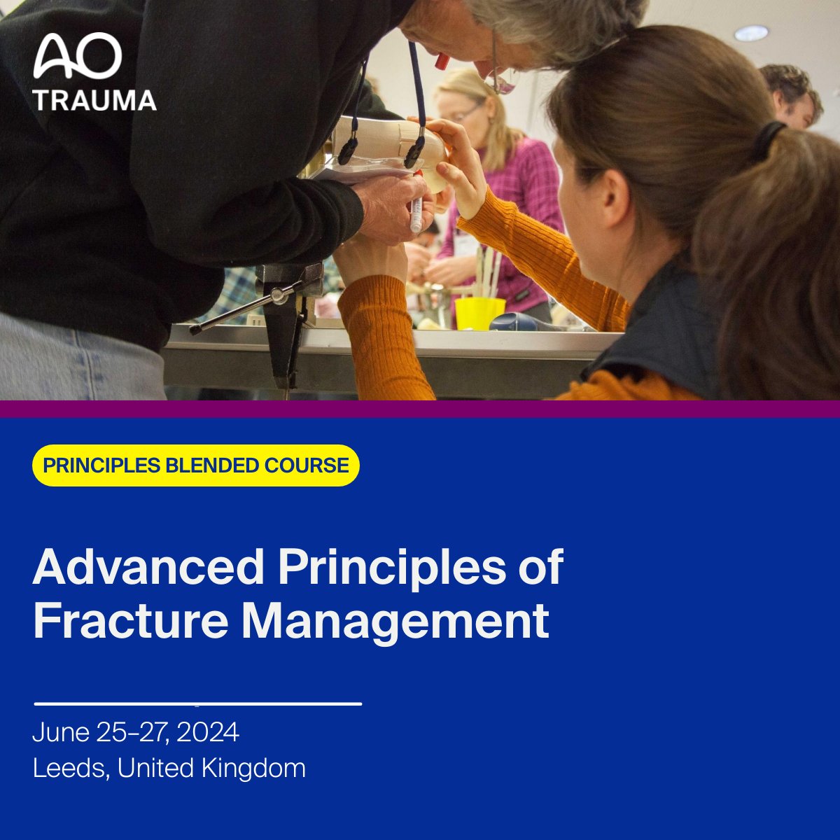 AOTrauma's tweet photo. Learn advanced techniques from top orthopedic surgeons at the AO Trauma Advanced Course. This 3-day intensive course focuses on managing complex fractures and making evidence-based decisions. 

Register now for the June 2024 course in Leeds, UK. 
https://t.co/Fc3akxp4QG https://t.co/TzElninRYa