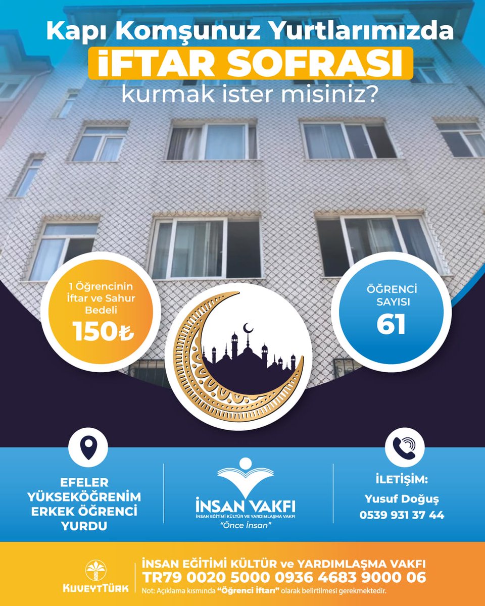 Öğrenci Yurtlarımızda 'Sofralar Bir Olsun'

Aydın Efeler Yurdumuzda 61 öğrencimize İftar verebilirsiniz. 

Alıcı Adı: İnsan Eğitimi Kültür ve Yardımlaşma Vakfı
İban: TR79 0020 5000 0936 4683 9000 06

Açıklama Kısmına Aydın Efeler Yurdu Öğrenci İftarı yazılması gerekmektedir.